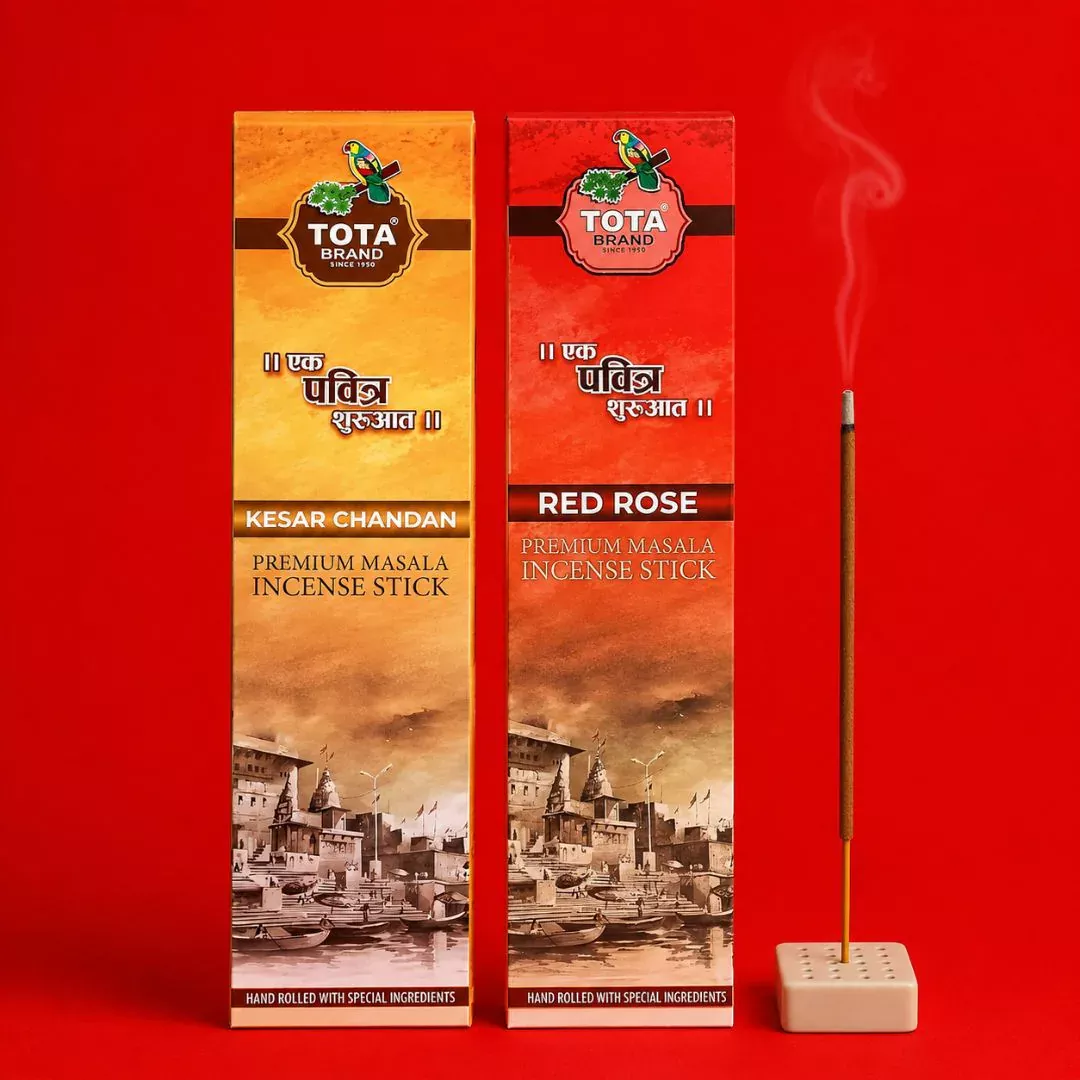 TOTA Masala Agarbatti Combo – Rose & Kesar Saffron Fragrance with Free Incense Stand, Pack of 2