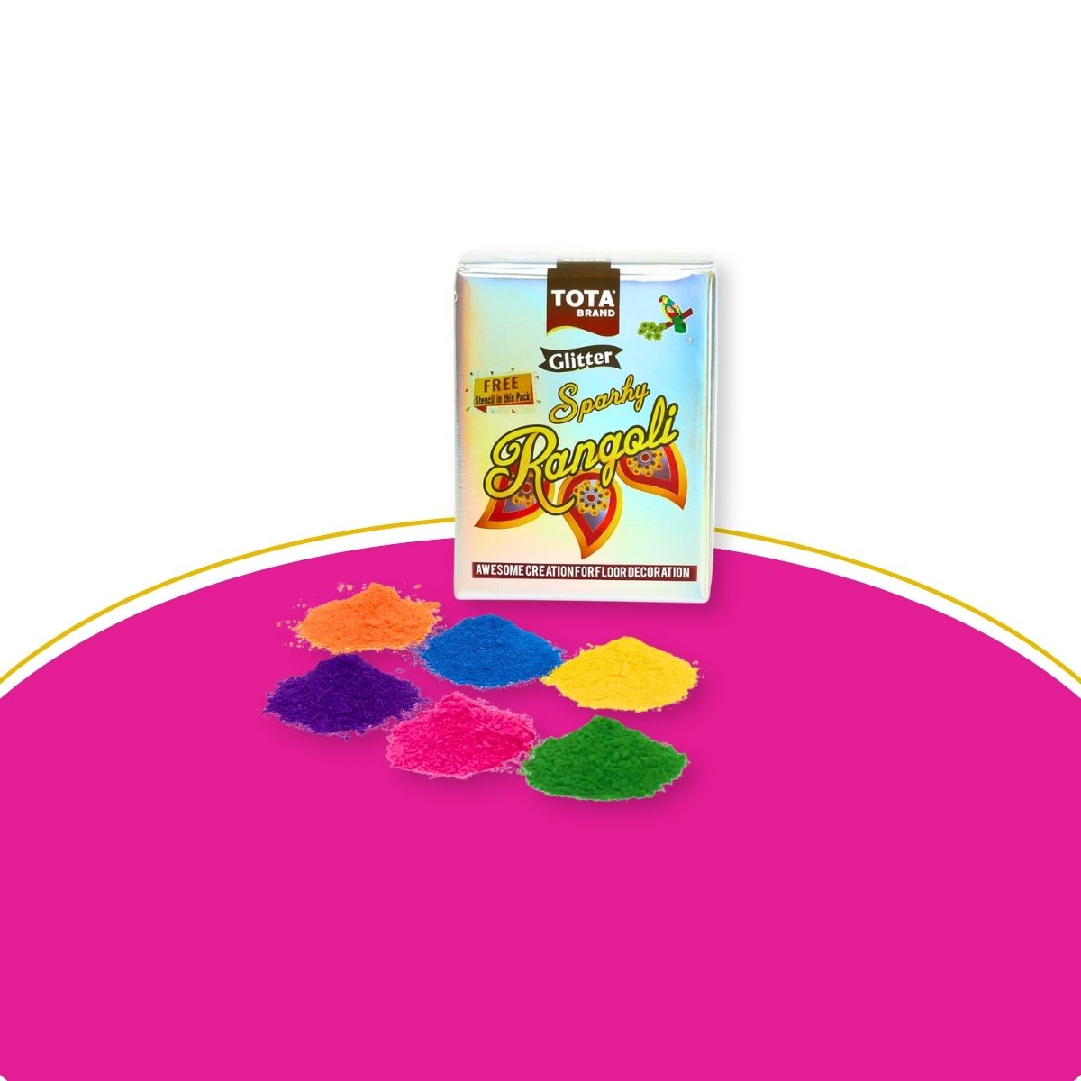 TOTA Spakle Rangoli Colour Packets with Stencil for Floor Rangoli, Art,Home Decor, Pooja Set of 10 Rangoli Colors in Plastic - 500Gm - Image 1