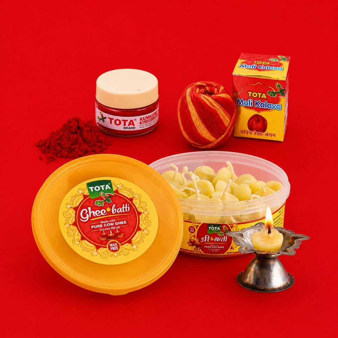 Tota Combo of Kumkum Roli, Cow Ghee Wicks and Moli Kalawa for Pooja Thali, Hawan, Tilak Tota Combo of Kumkum Roli, Cow Ghee Wicks and Moli Kalawa for Pooja Thali, Hawan, Tilak